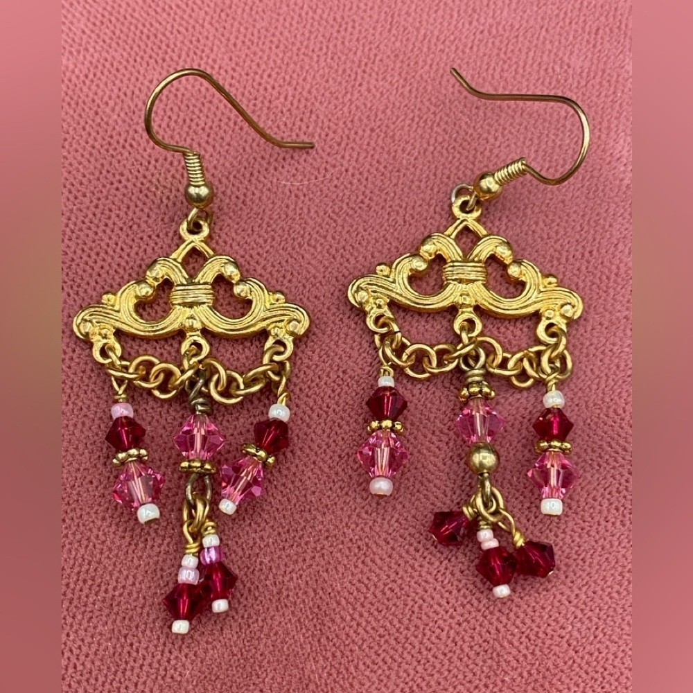 Chandelier Earrings with Pink Swarovski Beads and Gold Neo Victorian Brass Swirl